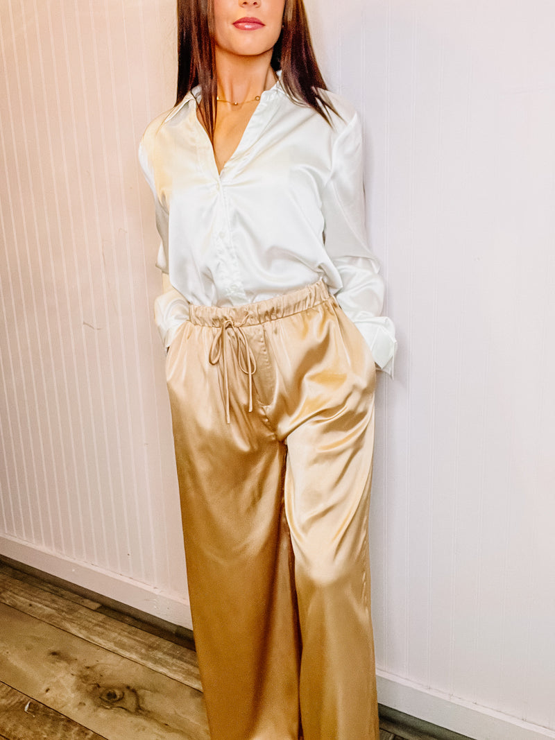 Satin taupe wide leg pants with drawstring waist