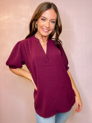 V-neck 1/2 sleeve top in eggplant 