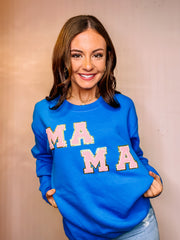 Turquoise sweatshirt with MAMA in pink