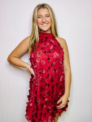 Maroon 3D Floral Dress