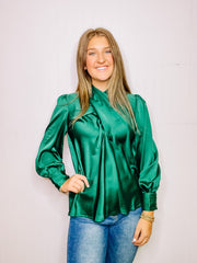 Green Satin Cross Front Top