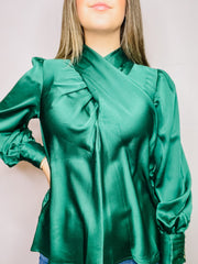 Green Satin Cross Front Top