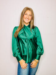 Green Satin Cross Front Top