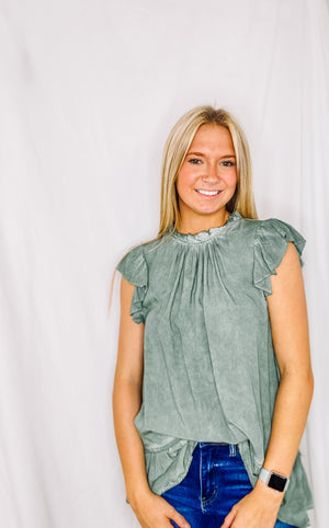 Sage Light Washed Ruffle Top