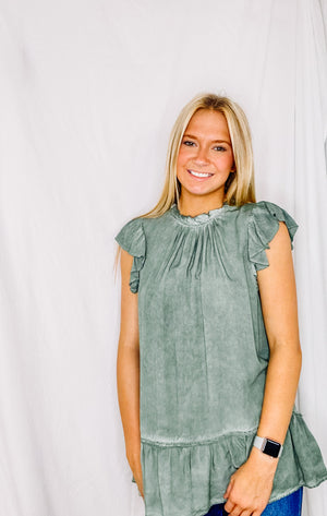 Sage Light Washed Ruffle Top