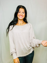 Taupe Long Sleeve Pleated Top with Button Cuff