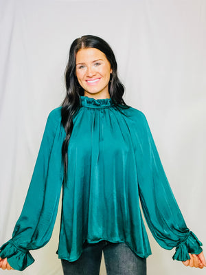 Green Ruffled High Collar Blouse