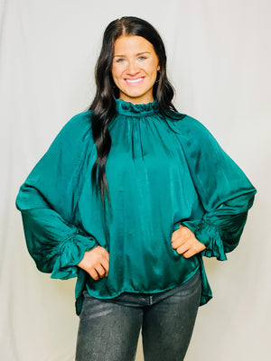 Green Ruffled High Collar Blouse