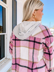 Pink Plaid Shacket with Hoodie