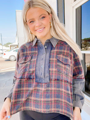 Black Plaid Button Down Boxy Top