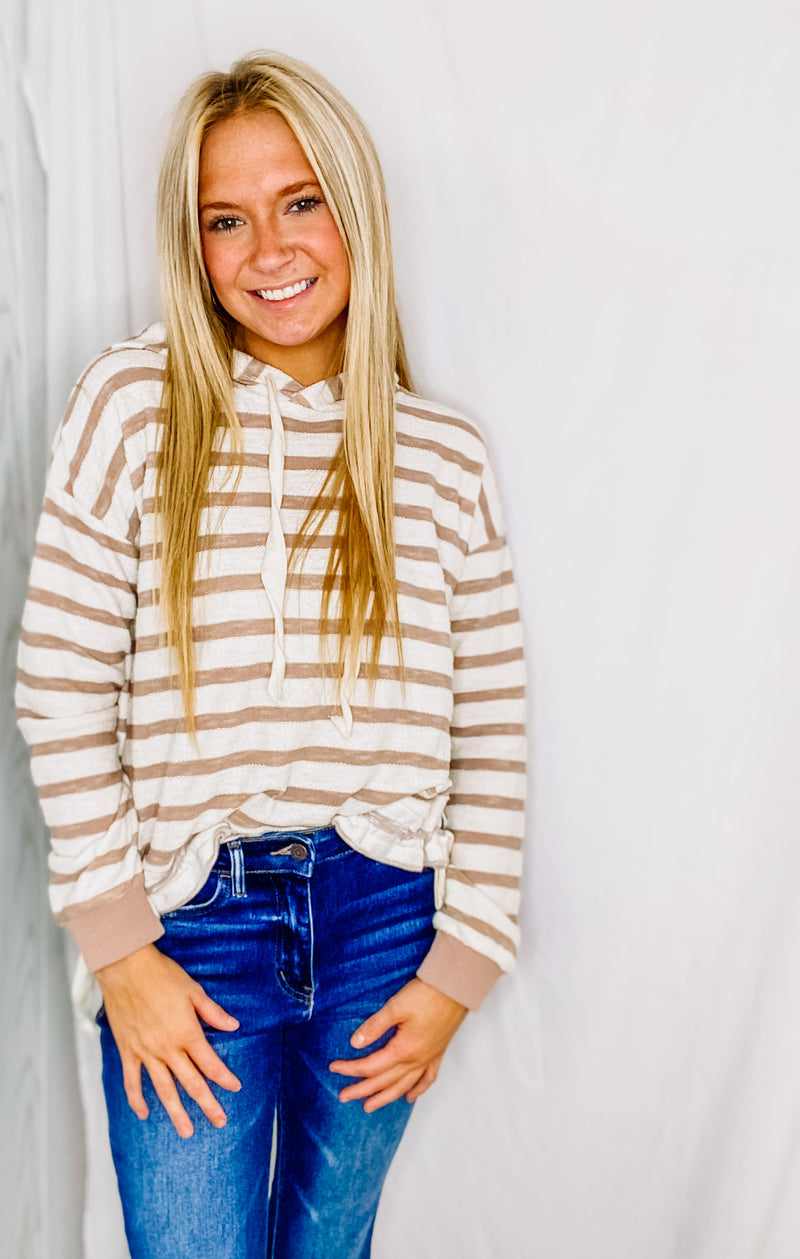 Taupe And Cream Stripe Drawstring Hoodie