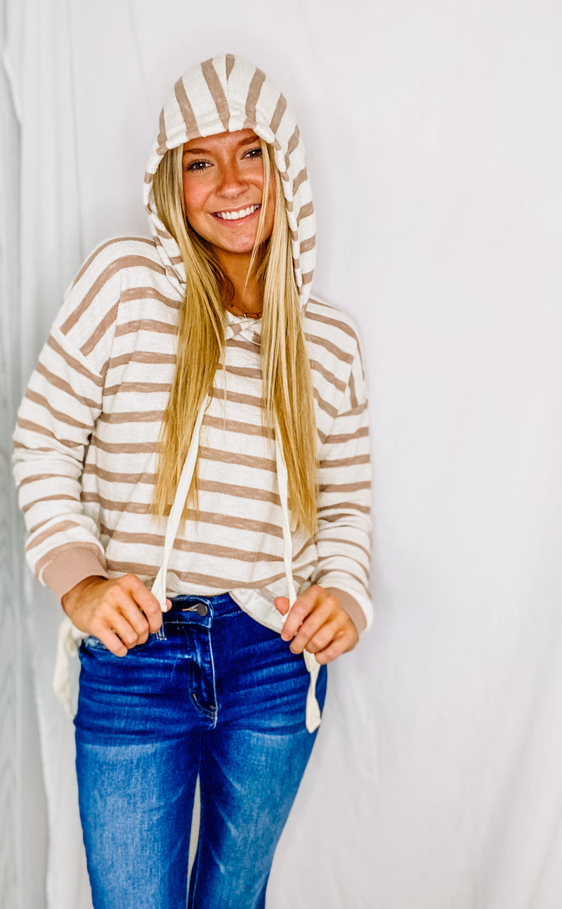 Taupe And Cream Stripe Drawstring Hoodie