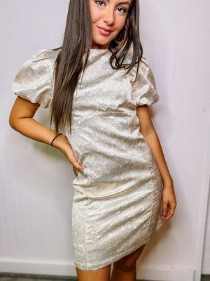 Metallic Jacquard Dress with Puff Sleeve