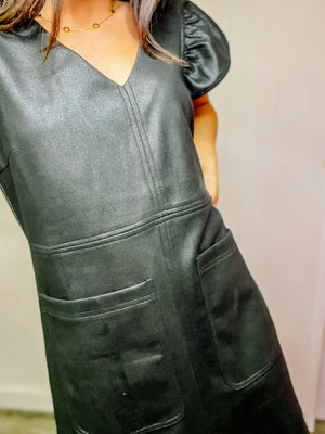 Black Pleather V Neck Dress