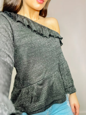 Glitter One Shoulder Top with Ruffle