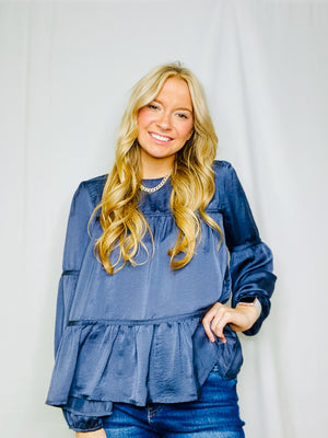 Ash Navy Satin Ruffled Blouse