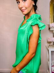 Kelly Green Shirred Ruffle Top