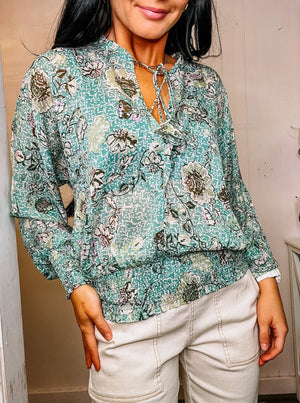 Sheer Turquoise Floral Peasant Blouse