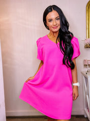 Solid Hot Pink V Neck Dress