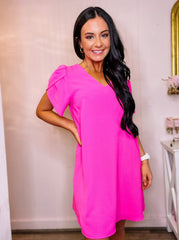 Solid Hot Pink V Neck Dress