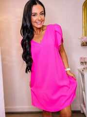 Solid Hot Pink V Neck Dress