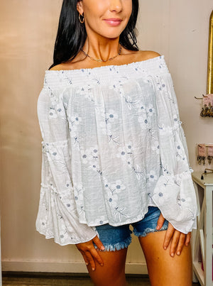 White Off The Shoulder Flower Blouse