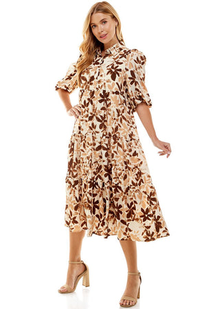 Brown Floral Print Midi Dress
