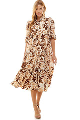 Brown Floral Print Midi Dress