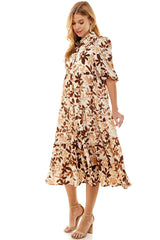 Brown Floral Print Midi Dress